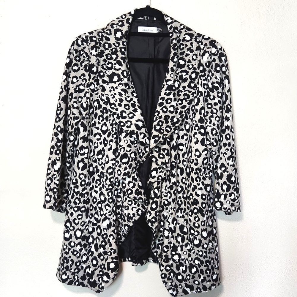 Calvin Klein Cheetah Animal Print Ruffle Open Front Stretchy Jacket Size 6 - Picture 1 of 9